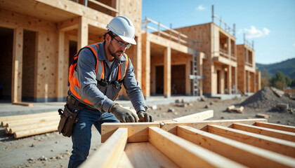 Construction worker assembling wooden beams at a building site, with safety gear and natural light.







