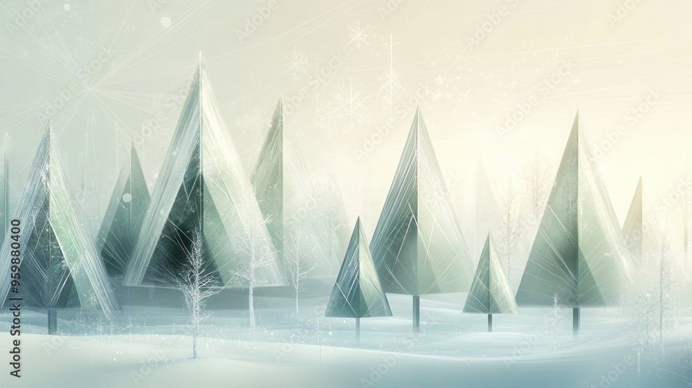 Aufkleber Abstract geometric shapes create Christmas trees of different sizes in a serene winter forest, surrounded by soft snow and tranquility. Generative AI