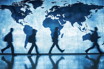 Silhouettes of people walking in front of a world map, symbolizing global movement and connection.