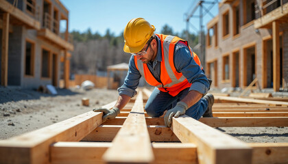 Construction worker assembling wooden beams at a building site, with safety gear and natural light.







