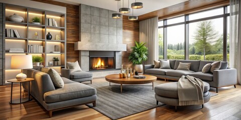 Naklejka premium A sleek and stylish modern living room features a spacious sofa alongside matching chairs and a plush ottoman,