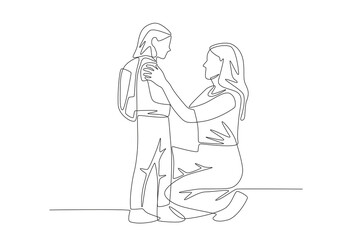 Mother cheers up child before leaving for school. Saying goodbye to their children concept one-line drawing