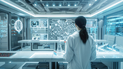Fototapeta premium A researcher in a lab coat analyzes data while standing in a high-tech laboratory with futuristic displays and equipment