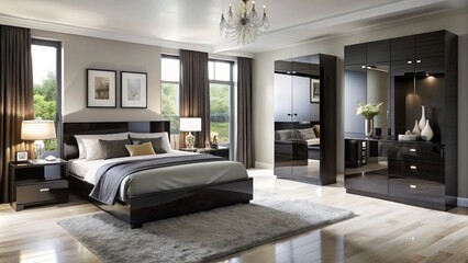 Naklejka premium A sleek black gloss finish adds luxury to a modern bedroom, creating a sophisticated space that exudes understated