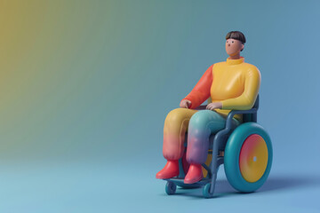 A vibrant figure in a wheelchair is positioned against a gradient backdrop, emphasizing a contemporary approach to accessibility