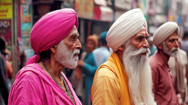Sikhs in vibrant turbans celebrate a local festival