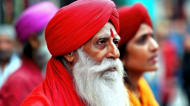 A man with a white beard and a red turban looks to the side - Powered by Adobe