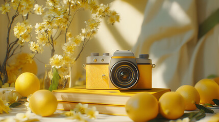 Yellow Aesthetic Camera with Books Underneath and Lush Greenery Creating a Vibrant Retro Scene