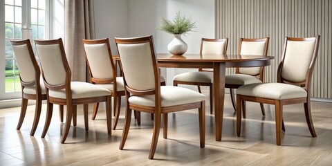 Modern luxury dining room chairs with curved wood frames and soft upholstered seats