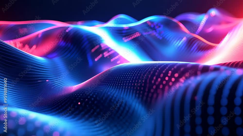 Poster exploring mesmerizing waves of light in vibrant colors and dynamic patterns at a digital art exhibit