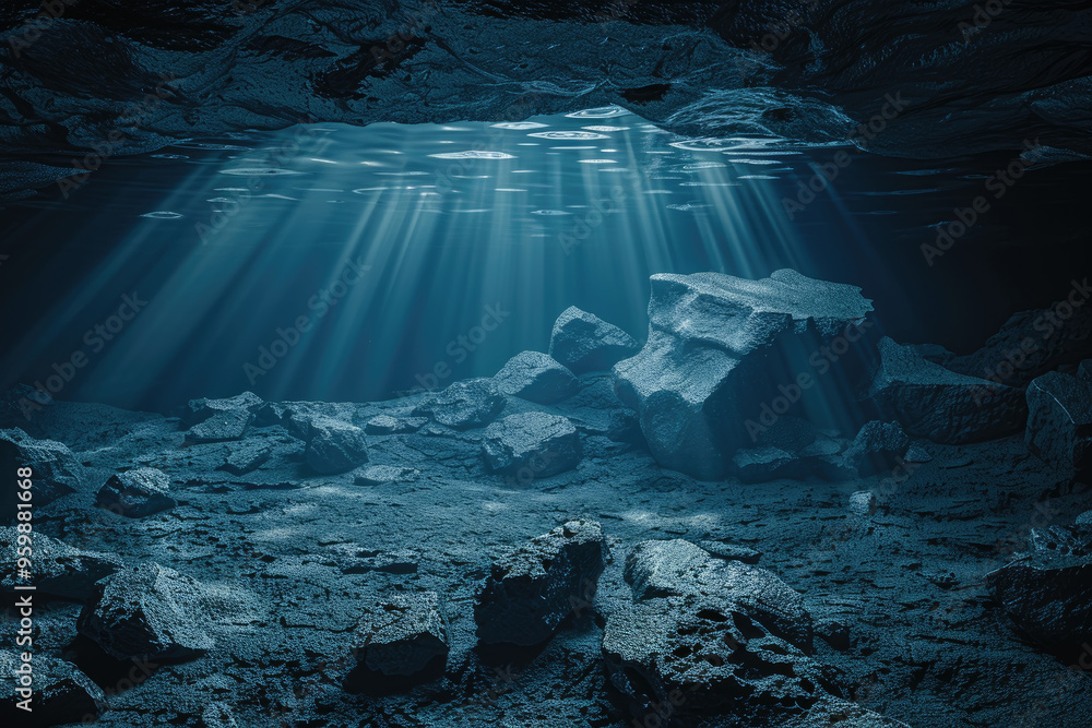 Poster sunlight streams through the water's surface, creating a serene atmosphere in the underwater cave fi