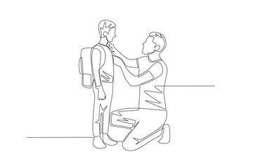 Father straightens the child's clothes before leaving for school. Saying goodbye to their children concept one-line drawing