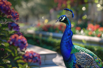 A colorful peacock is elegantly posed in a lush garden filled with blooming flowers under bright afternoon sunlight