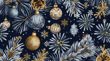 An elegant Christmas pattern showcasing gold and silver ornaments, delicate snowflakes, and pine branches, set against a deep navy blue background