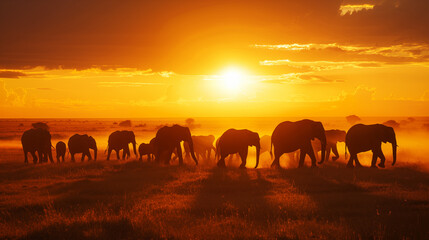 Fototapeta premium herd of elephants walking across the savannah at sunset.