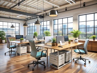 Modern office chairs and desks in a spacious, contemporary workspace
