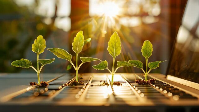 young plants growing on a laptop keyboard with sunlight, innovation and technology concept