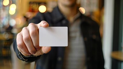 Person holding a blank business card closeup, selective focus. Professional networking and identity concept