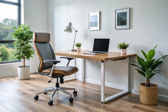 Modern office desk design features built-in charging ports and an ergonomic chair, creating a workspace that balances
