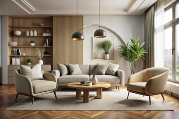 A sleek living room with a warm and calm atmosphere includes a curved sofa, a geometric armchair, and