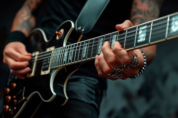 Musician playing electric guitar during live performance in a dim venue, copy space for text, music event advertising, musical advert, music banner