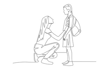 Mother encourages her child before leaving. Saying goodbye to their children concept one-line drawing