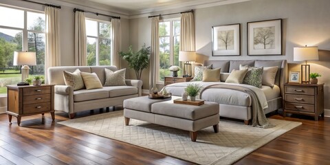 Fototapeta premium A sleek low-profile bed takes center stage, surrounded by a gray sectional sofa and a minimalist coffee table,