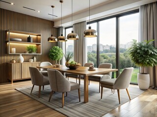Fototapeta premium A sleek modern dining room with pristine white walls, plush gray sofas, and floor-to-ceiling windows framing stunning