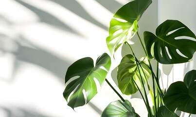 Obraz premium large green leaves in the foreground, with sunlight casting long shadows on white wallpaper, Generative AI