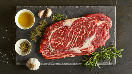 flat lay composition of a raw ribeye steak on a slate or dark gray surface