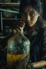 A young woman focuses intently as she holds a large glass bottle filled with a murky liquid in a cluttered workshop filled with tools