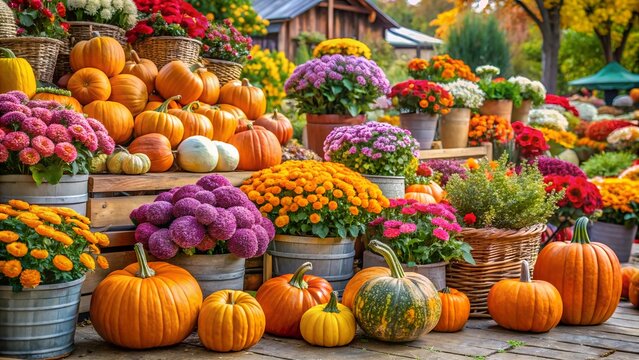 Autumn market with colorful pumpkins and flowers - Powered by Adobe