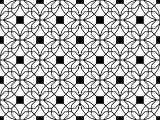 20-sided icosagons, squares and hexagons form a classical style geometric seamless tessellation pattern in black