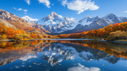 stunning autumn scene in a mountainous region. Snow-capped peaks rise dramatically in the background under a bright blue sky with a few scattered clouds