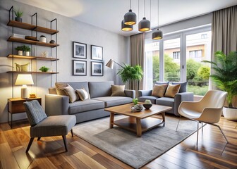 Fototapeta premium A small living room showcases modern furniture with a stylish design, featuring plush seating and minimalist decor to