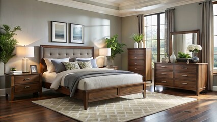 Fototapeta premium A sophisticated bedroom ensemble crafted with a sleek platform bed, complemented by matching nightstands and a stately