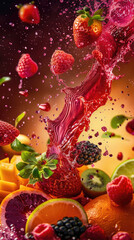 Fresh strawberries, raspberries, and other fruits create a vibrant splash as juices burst in a captivating display of color and texture