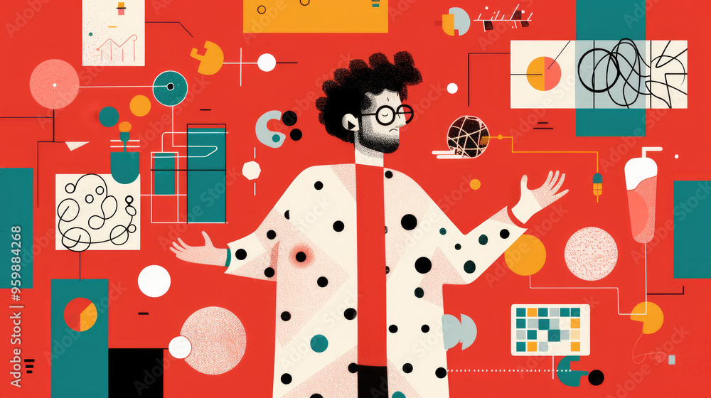 Poster a person gestures with excitement, surrounded by colorful shapes and patterns, evoking a sense of cr
