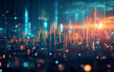 Obraz premium Urban Nightscape with Data Analytics Showing Trends in City Growth and Development