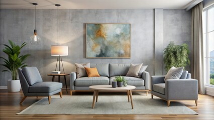 Fototapeta premium A sophisticated modern living room design prominently featured a grey sofa, armchair, and ottoman in front of a