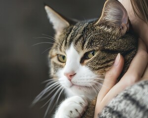 A close-up of a content cat nestled gently in a person's arms, showcasing warmth and companionship in a cozy indoor setting.