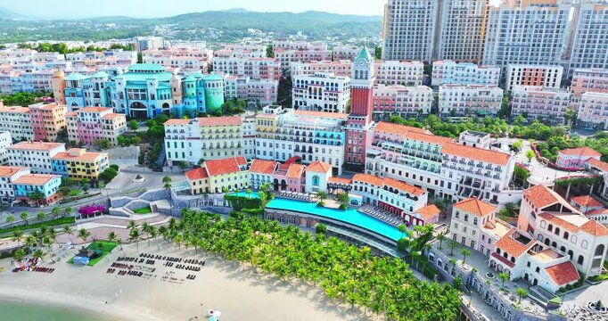 Aerial of Sunset town in Phu Quoc island, Vietnam. Fast being developed European city copy. Amazing future resort, Kien Giang province