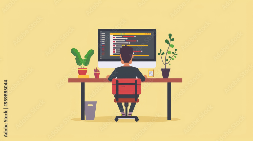 Poster an individual engages in coding at a clean desk, surrounded by greenery in an organized and cheerful