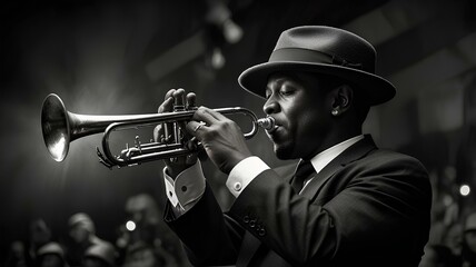 Obraz premium A black and white photograph of a stylish musician in a hat playing a trumpet onstage.