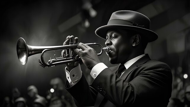 A black and white photograph of a stylish musician in a hat playing a trumpet onstage.