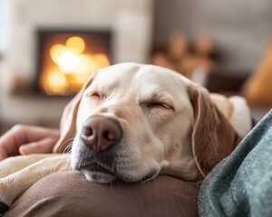 A cozy moment featuring a relaxed dog sleeping comfortably beside a warm fireplace during a peaceful evening.