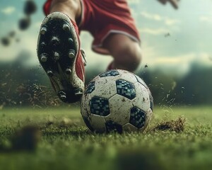 Dynamic shot of a player kicking a soccer ball on a grassy field, showcasing motion and energy in sports.