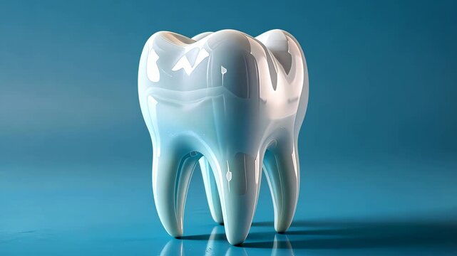 Glossy tooth model on blue background, dental health concept
