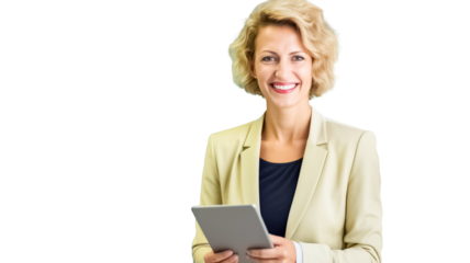 Smiling middle-aged business woman with a tablet on transparent background PNG.
