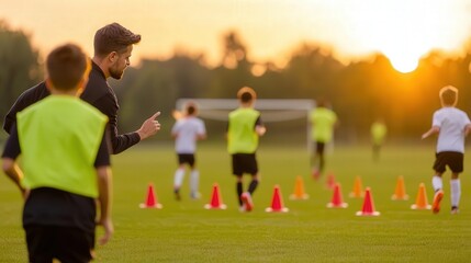 Youth soccer practice at sunset, featuring a coach guiding young players through drills on a sunny field.